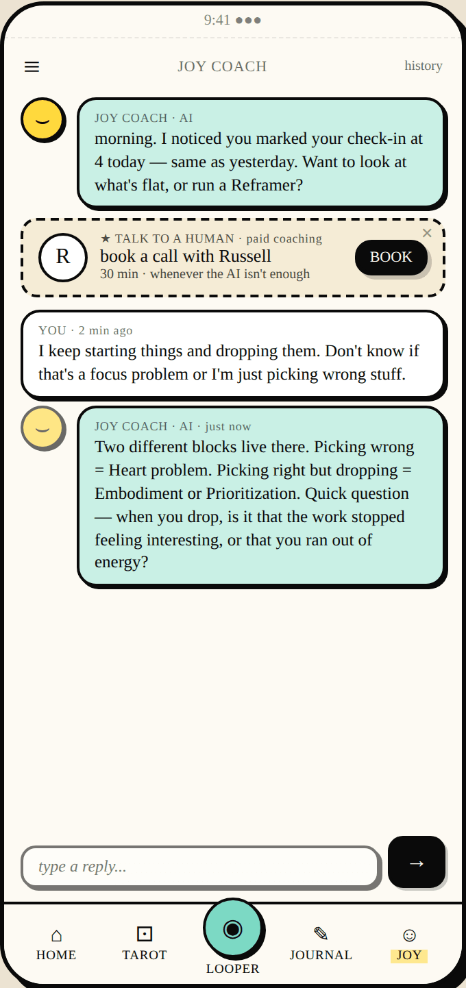 Joy Coach - proactive chat that notices the dip and asks the right question